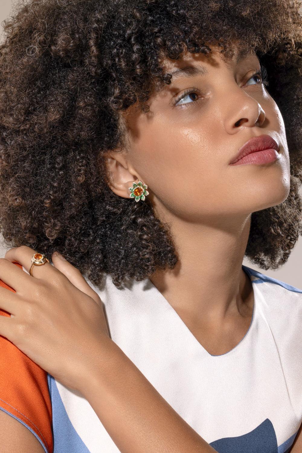 Mandarin Garnet Tsavorite Flower Stud Earrings-YELLOW GOLD-JEWELRYFINE JEWELEARRING-GOSHWARA