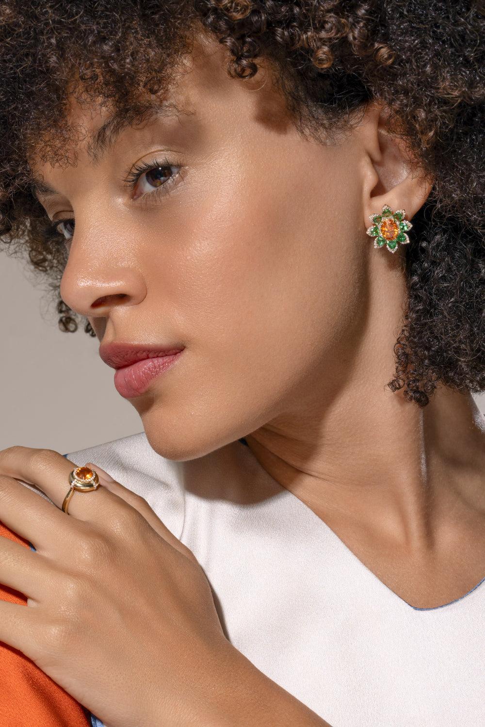 Mandarin Garnet Tsavorite Flower Stud Earrings-YELLOW GOLD-JEWELRYFINE JEWELEARRING-GOSHWARA