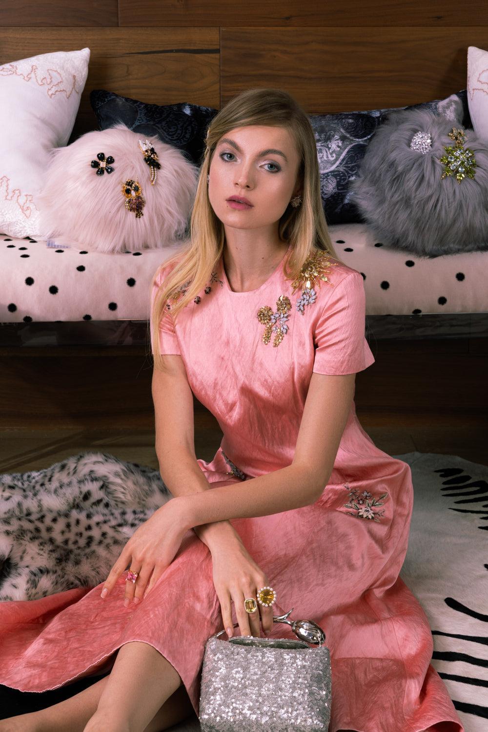  Textured Short Sleeve Dress-PINK-6-CLOTHINGDRESSCOCKTAIL-ERDEM 