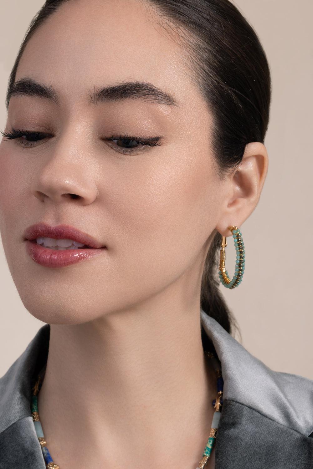 Mixed Green Beaded Lyre Earrings-GREEN-JEWELRYBOUTIQUEEARRING-GAS BIJOUX