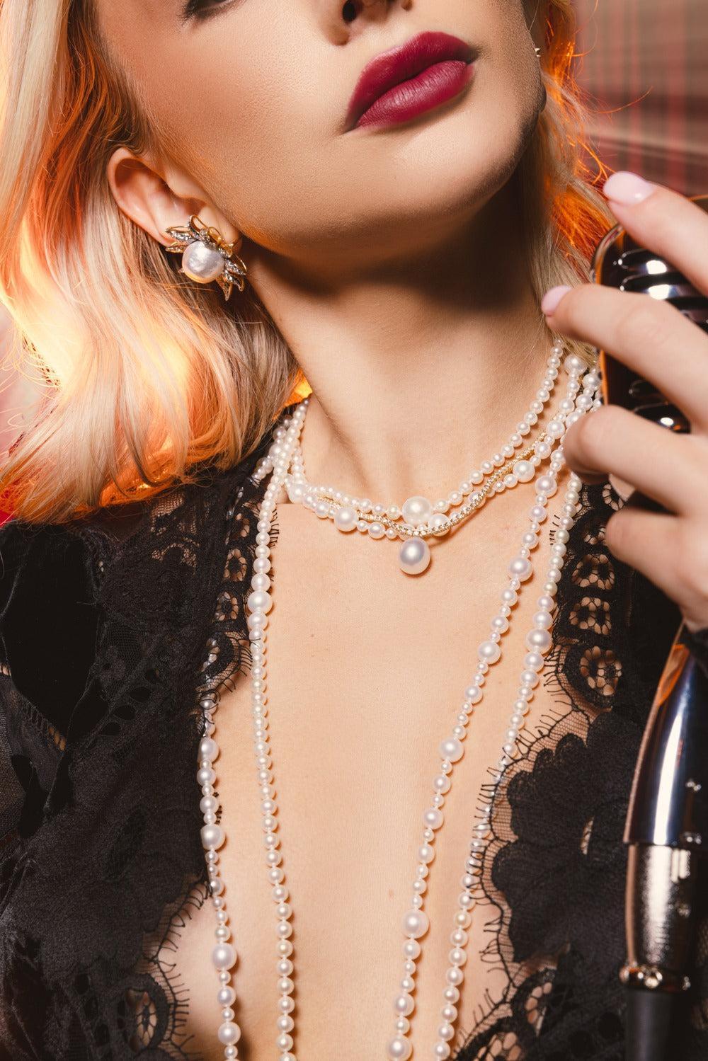 Pearl Drop Diamond Line Necklace-YELLOW GOLD-JEWELRYFINE JEWELNECKLACE O-BAGGINS