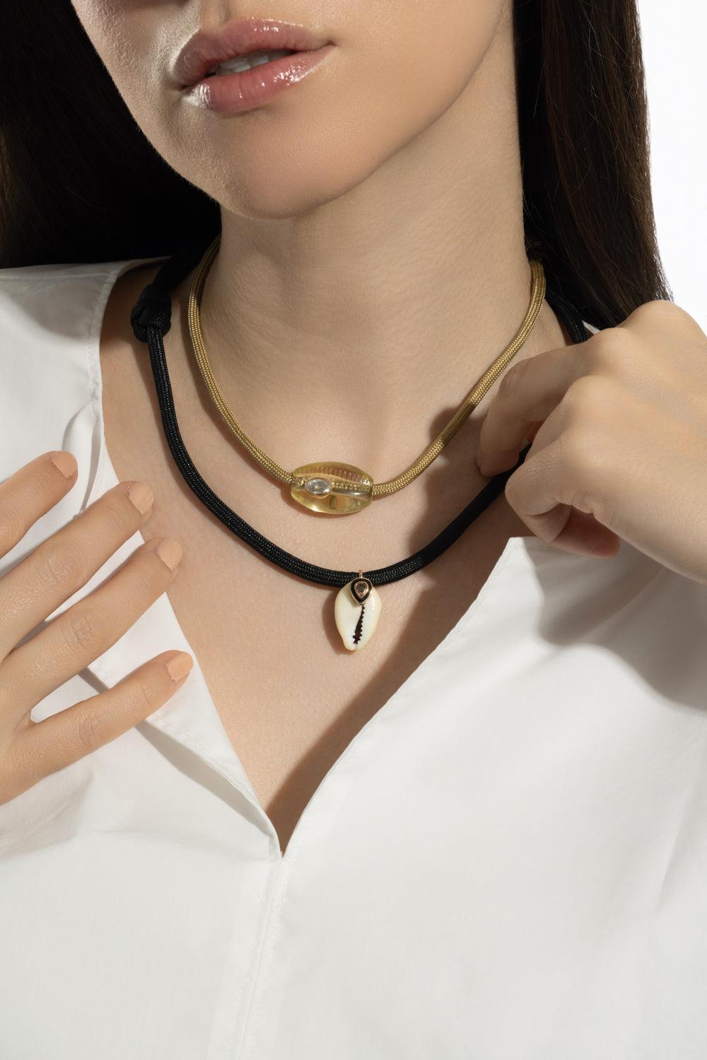 Brown Diamond Cowrie Shell Necklace-ROSE GOLD-JEWELRYFINE JEWELPENDANT-DEZSO BY SARA BELTRAN