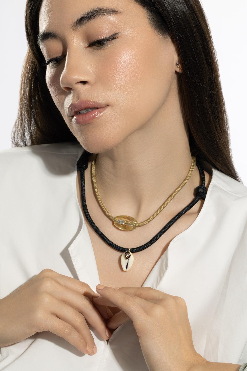 Brown Diamond Cowrie Shell Necklace-ROSE GOLD-JEWELRYFINE JEWELPENDANT-DEZSO BY SARA BELTRAN