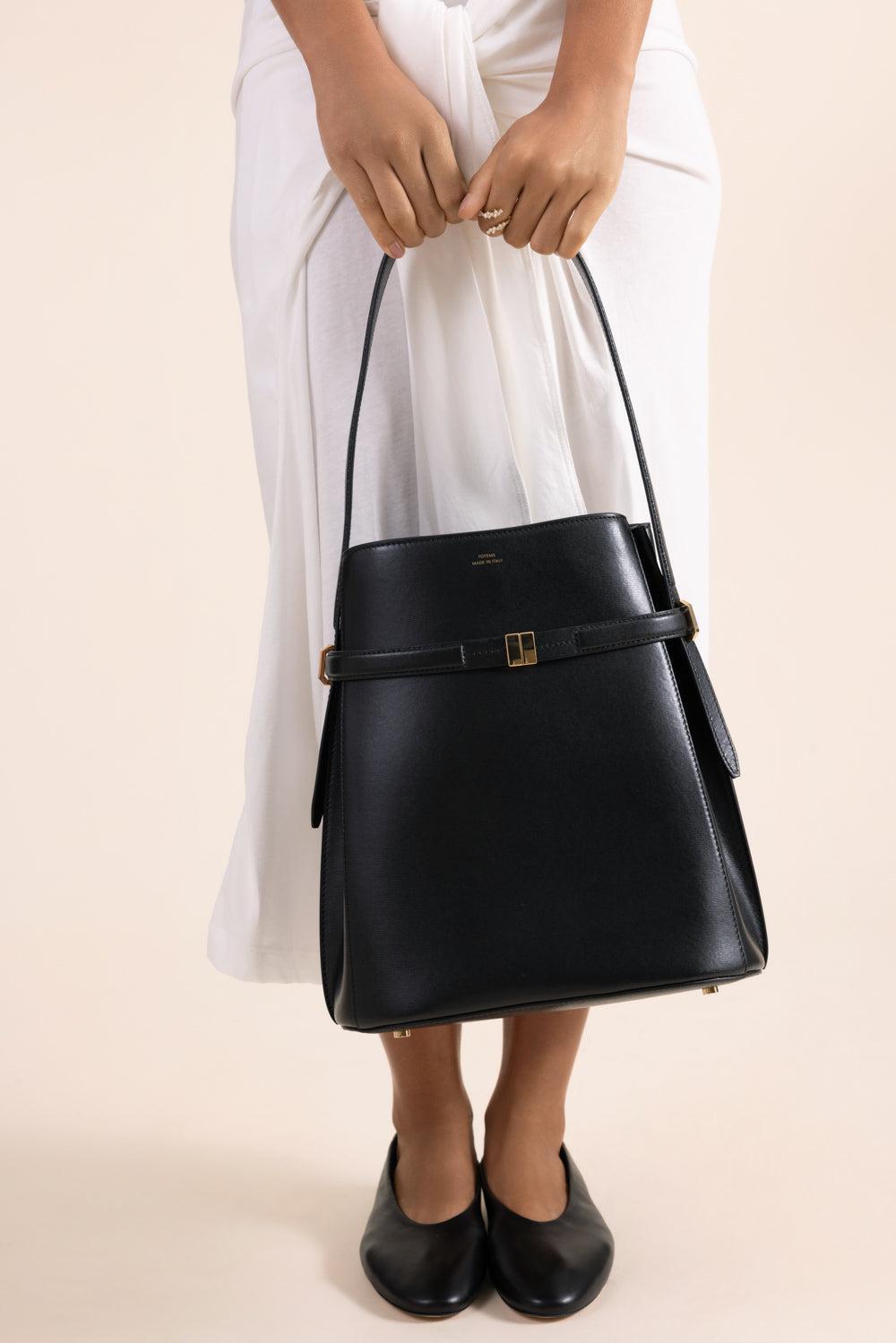 Belted Leather Bucket Bag-BLACK-HANDBAGTOP HANDLE-TOTEME