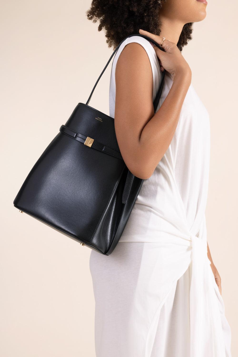 Belted Leather Bucket Bag-BLACK-HANDBAGTOP HANDLE-TOTEME