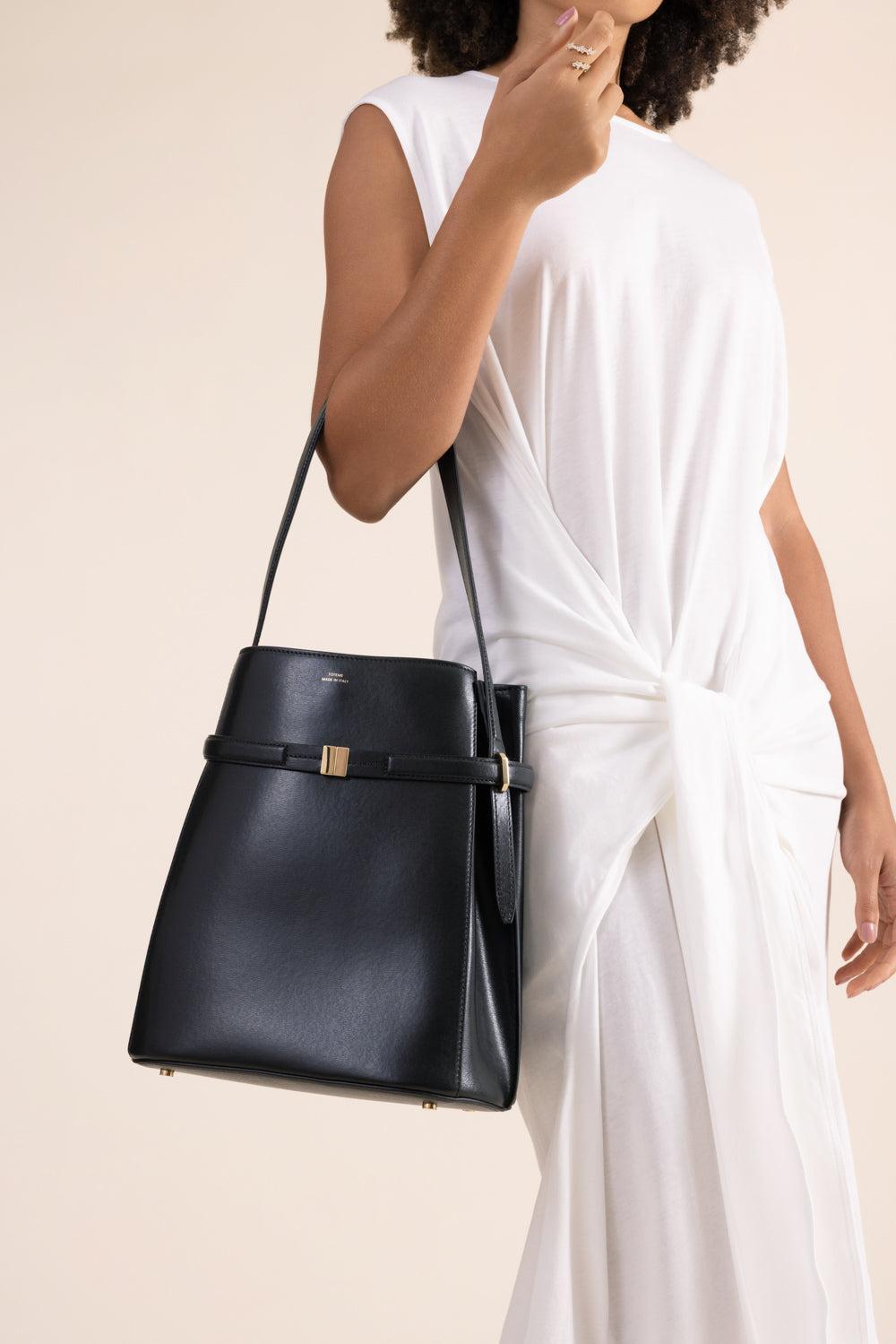 Belted Leather Bucket Bag-BLACK-HANDBAGTOP HANDLE-TOTEME