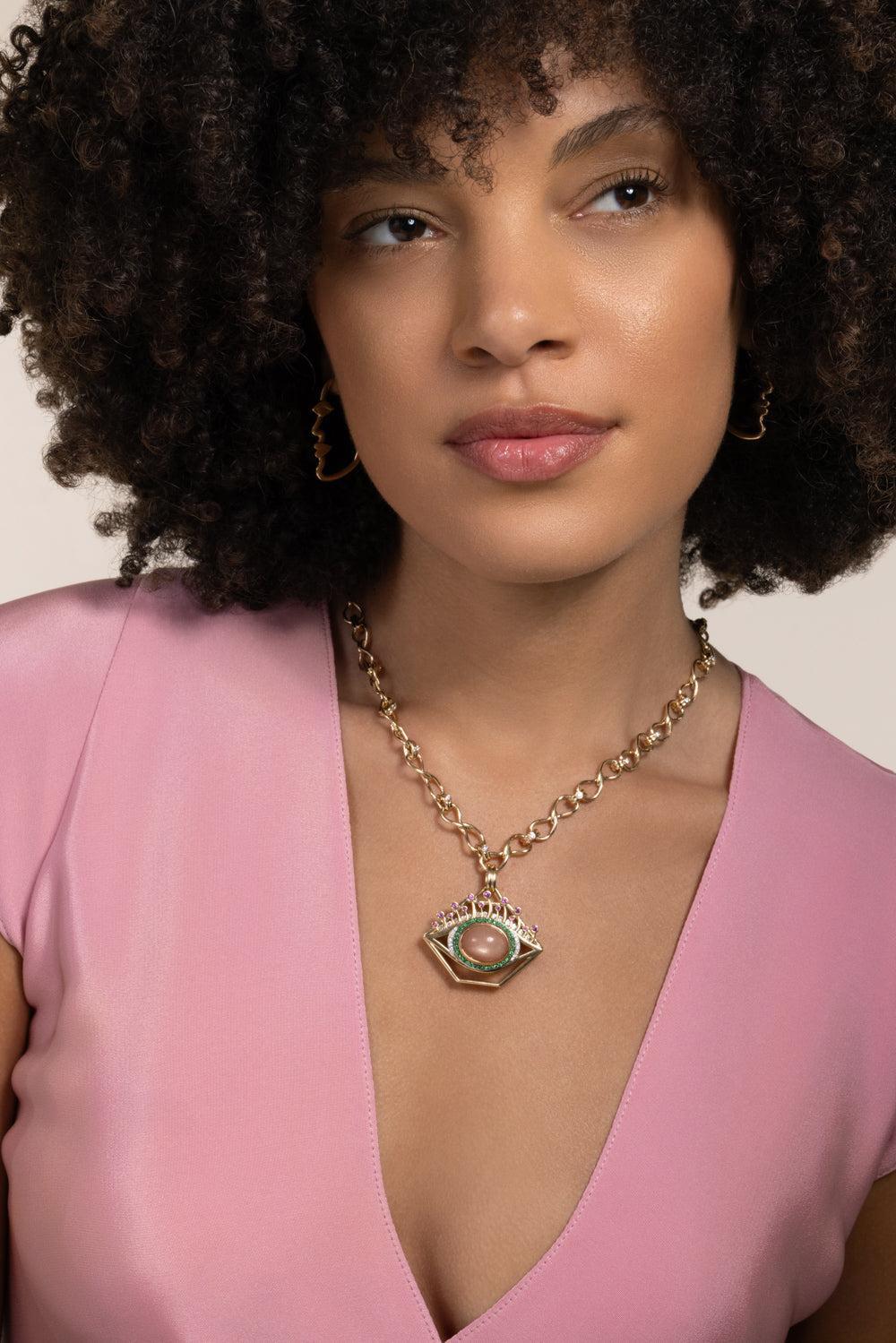 Moonstone Sapphire Diamond Eye Pendant-YELLOW GOLD-JEWELRYFINE JEWELPENDANT-EDINA KISS