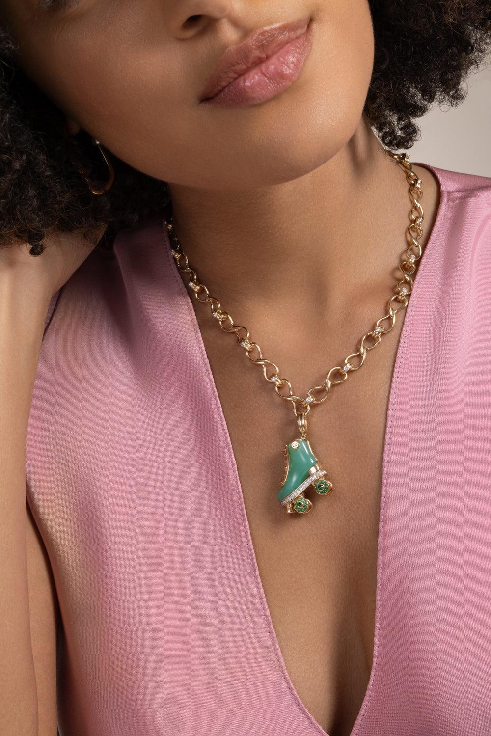 Chrysoprase Diamond Rollerskate Pendant-YELLOW GOLD-JEWELRYFINE JEWELPENDANT-EDINA KISS