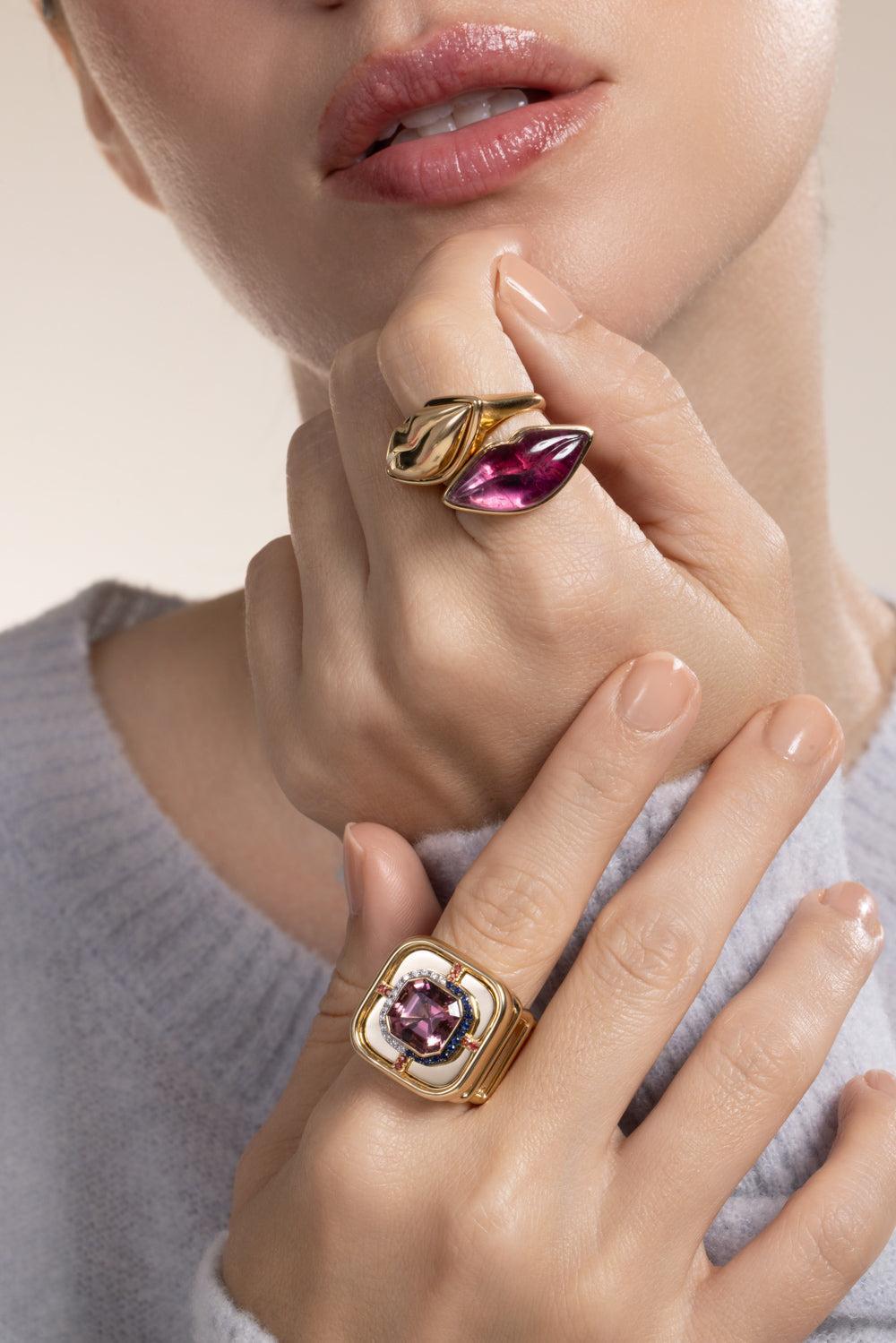 Diamond Pink Tourmaline Art Deco Ring-YELLOW GOLD-7-JEWELRYFINE JEWELRING-EDINA KISS