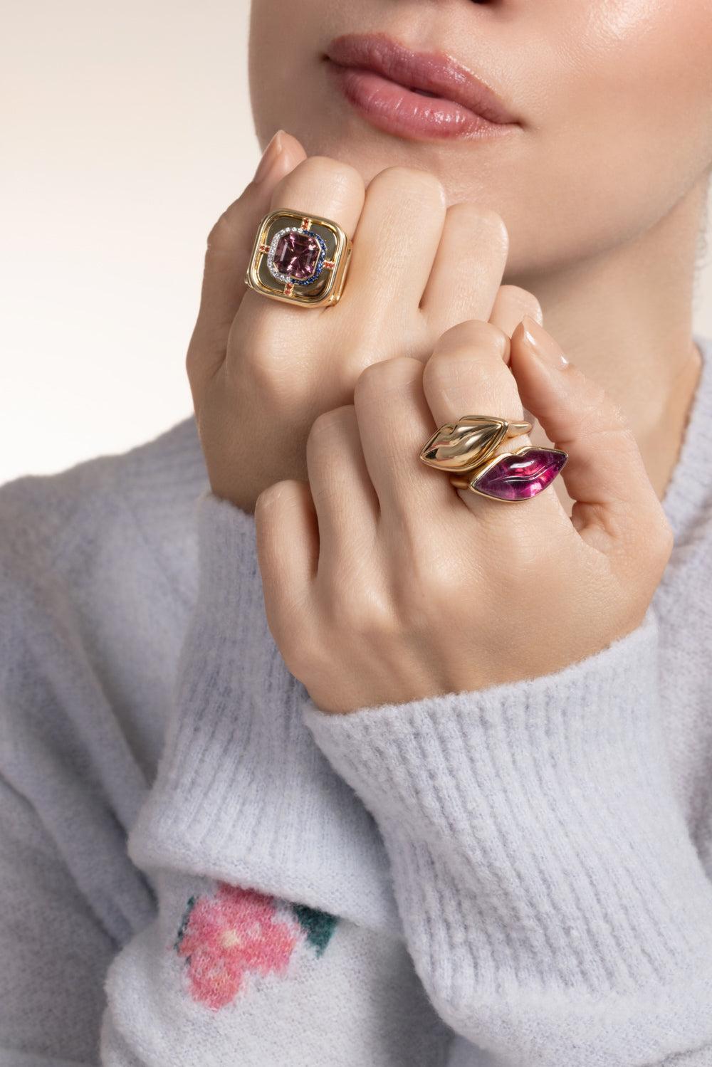Diamond Pink Tourmaline Art Deco Ring-YELLOW GOLD-7-JEWELRYFINE JEWELRING-EDINA KISS