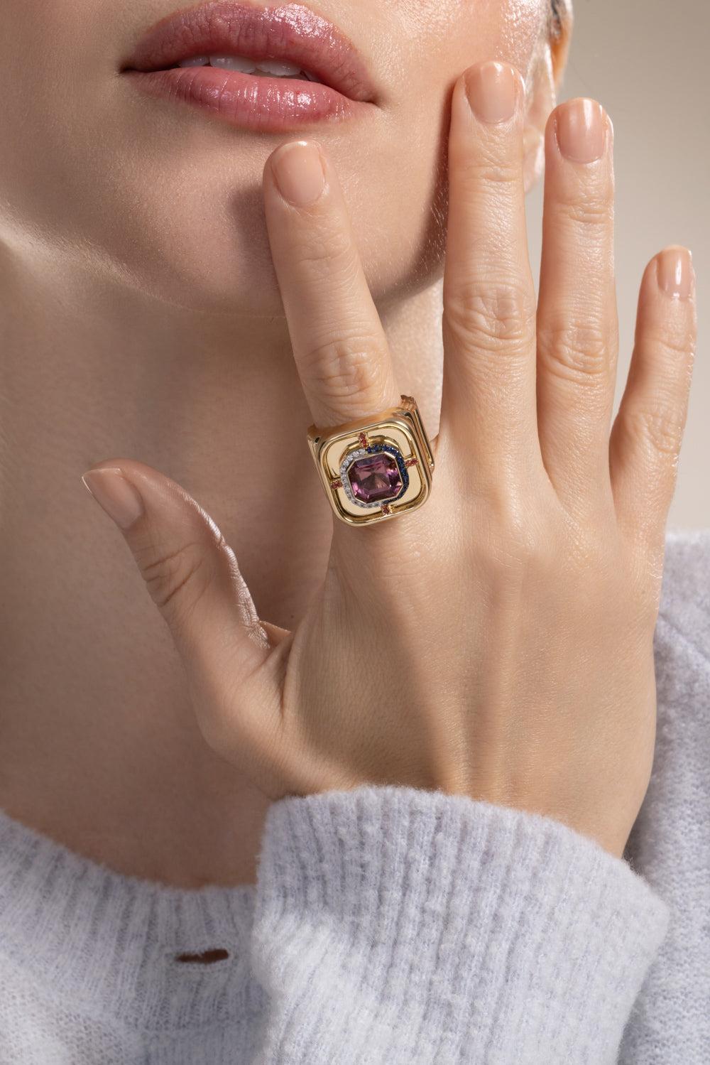 Diamond Pink Tourmaline Art Deco Ring-YELLOW GOLD-7-JEWELRYFINE JEWELRING-EDINA KISS