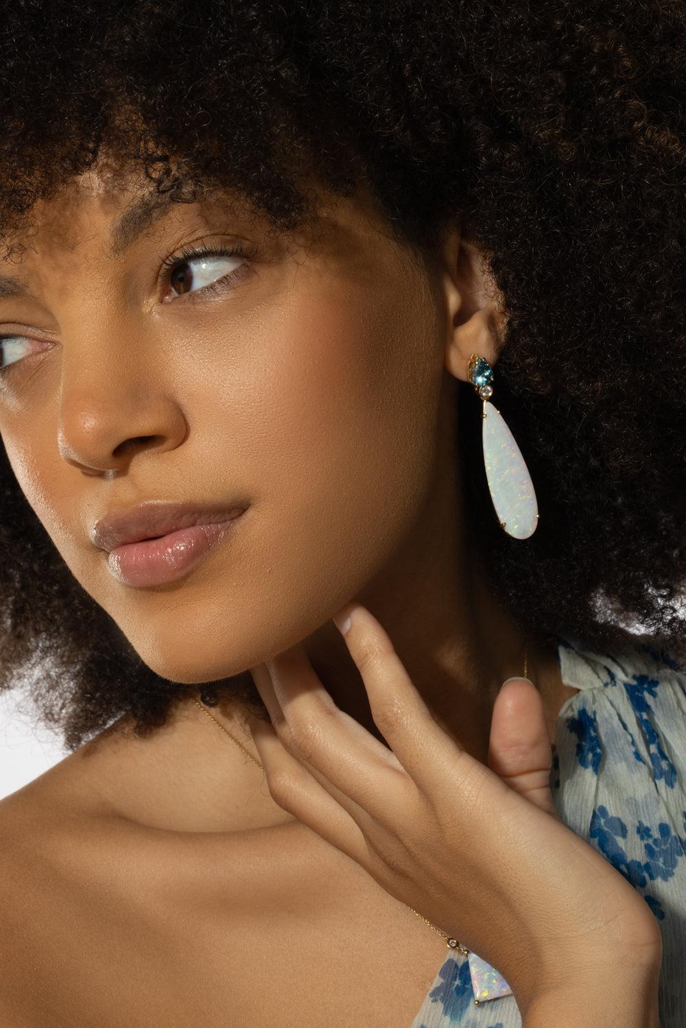 Brazilian Opal Blue Zircon Drop Earrings-YELLOW GOLD-JEWELRYFINE JEWELEARRING-LISA NIK