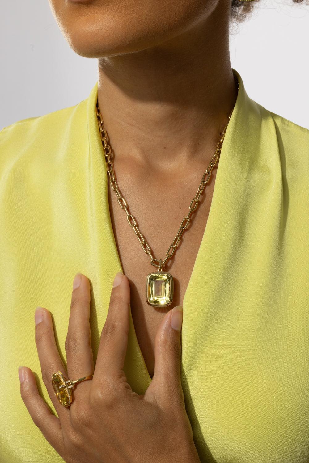 Lemon Quartz Cushion Cut Manhattan Necklace-YELLOW GOLD-18-JEWELRYFINE JEWELNECKLACE O-GOSHWARA