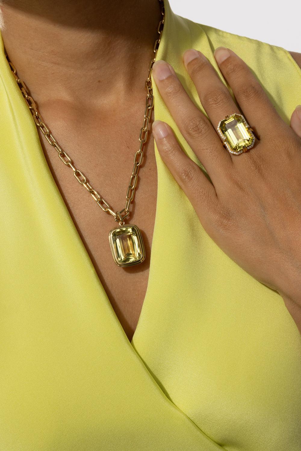 Lemon Quartz Cushion Cut Manhattan Necklace-YELLOW GOLD-18-JEWELRYFINE JEWELNECKLACE O-GOSHWARA