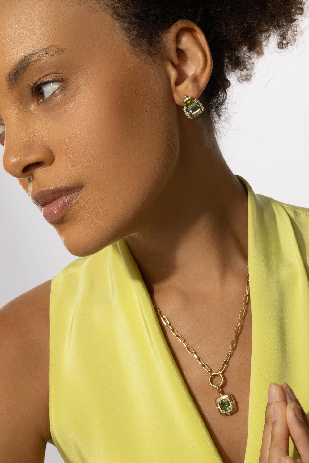 Prasiolite Peridot Two Drop Gossip Earrinngs-YELLOW GOLD-JEWELRYFINE JEWELEARRING-GOSHWARA