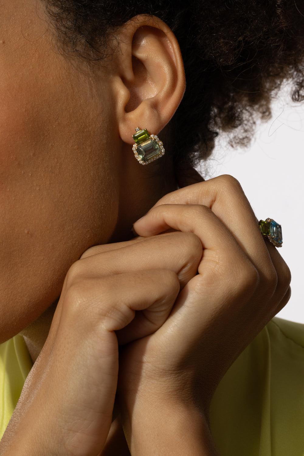 Blue topaz Peridot Two Drop Gossip Earrings-YELLOW GOLD-JEWELRYFINE JEWELEARRING-GOSHWARA