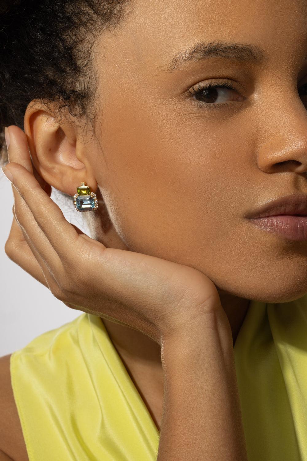 Blue topaz Peridot Two Drop Gossip Earrings-YELLOW GOLD-JEWELRYFINE JEWELEARRING-GOSHWARA