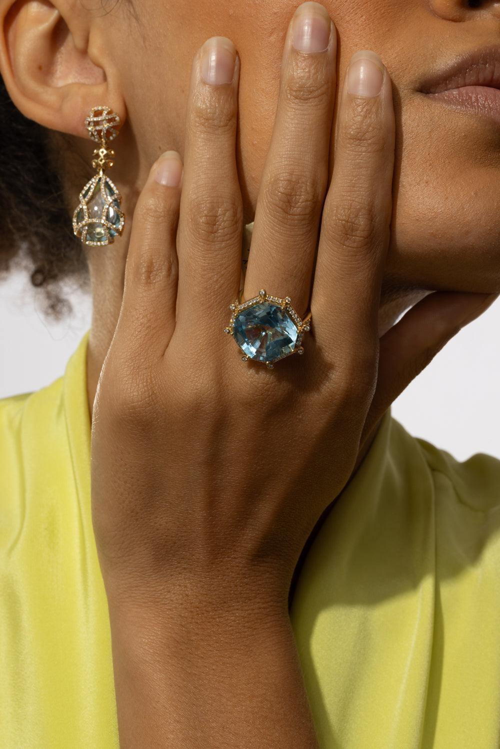 Blue Topaz Asscher Cut Gossip Ring-YELLOW GOLD-7-JEWELRYFINE JEWELRING-GOSHWARA