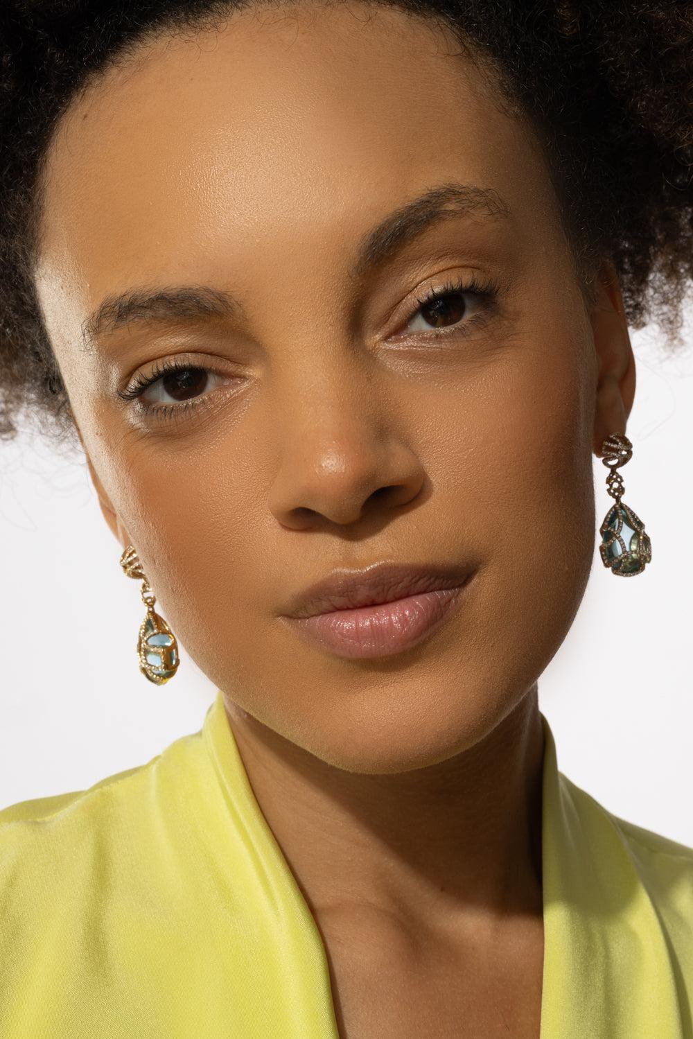 Blue Topaz Teardrop Cage Freedom Earrings-YELLOW GOLD-JEWELRYFINE JEWELEARRING-GOSHWARA