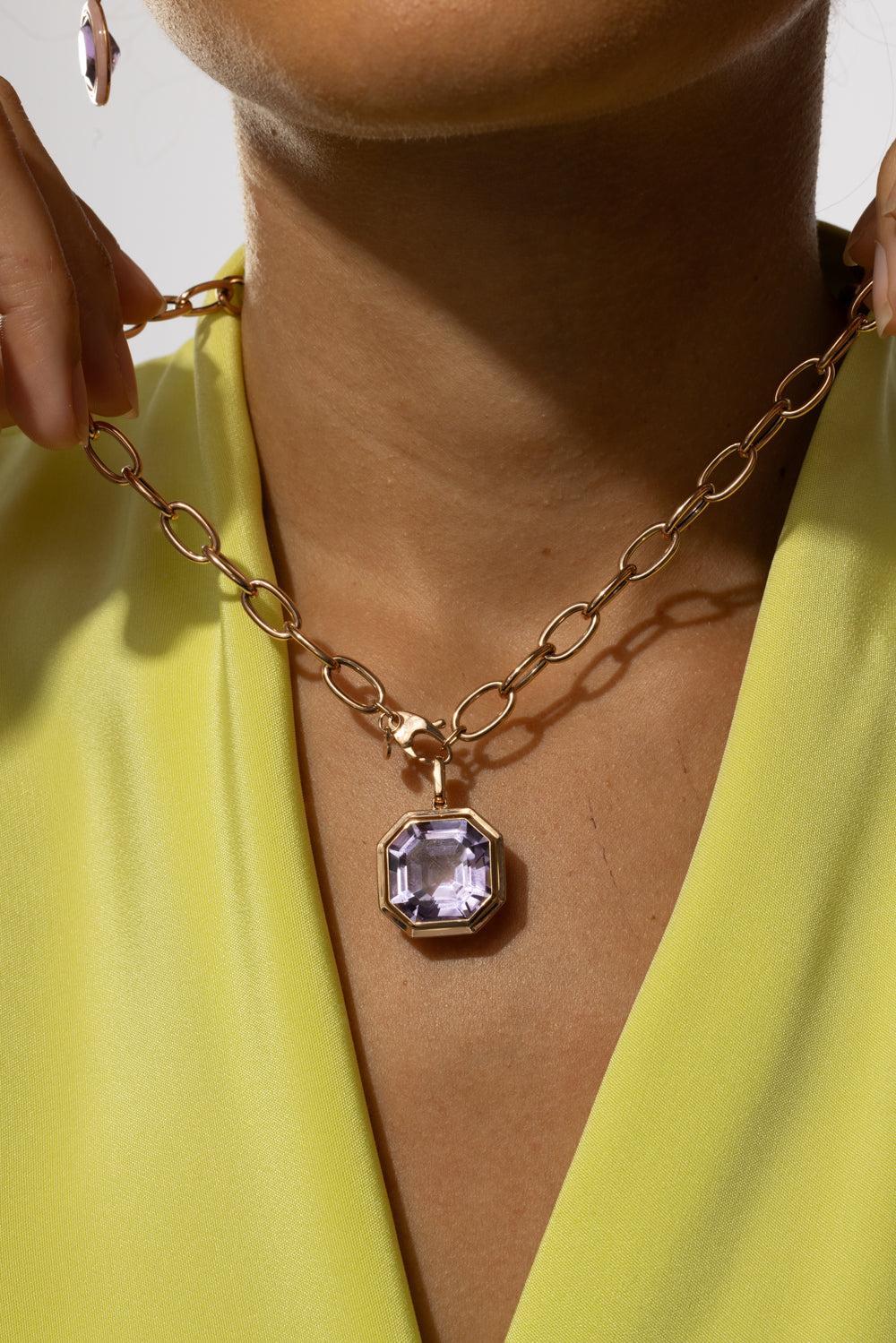 Lavender Amethyst Asscher Cut Manhattan Necklace-YELLOW GOLD-18-JEWELRYFINE JEWELNECKLACE O-GOSHWARA