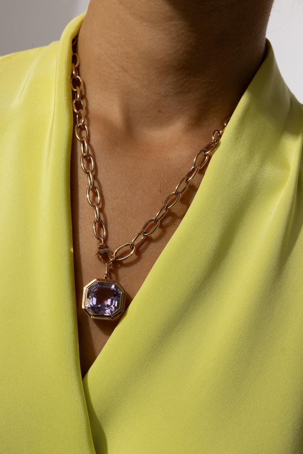 Lavender Amethyst Asscher Cut Manhattan Necklace-YELLOW GOLD-18-JEWELRYFINE JEWELNECKLACE O-GOSHWARA