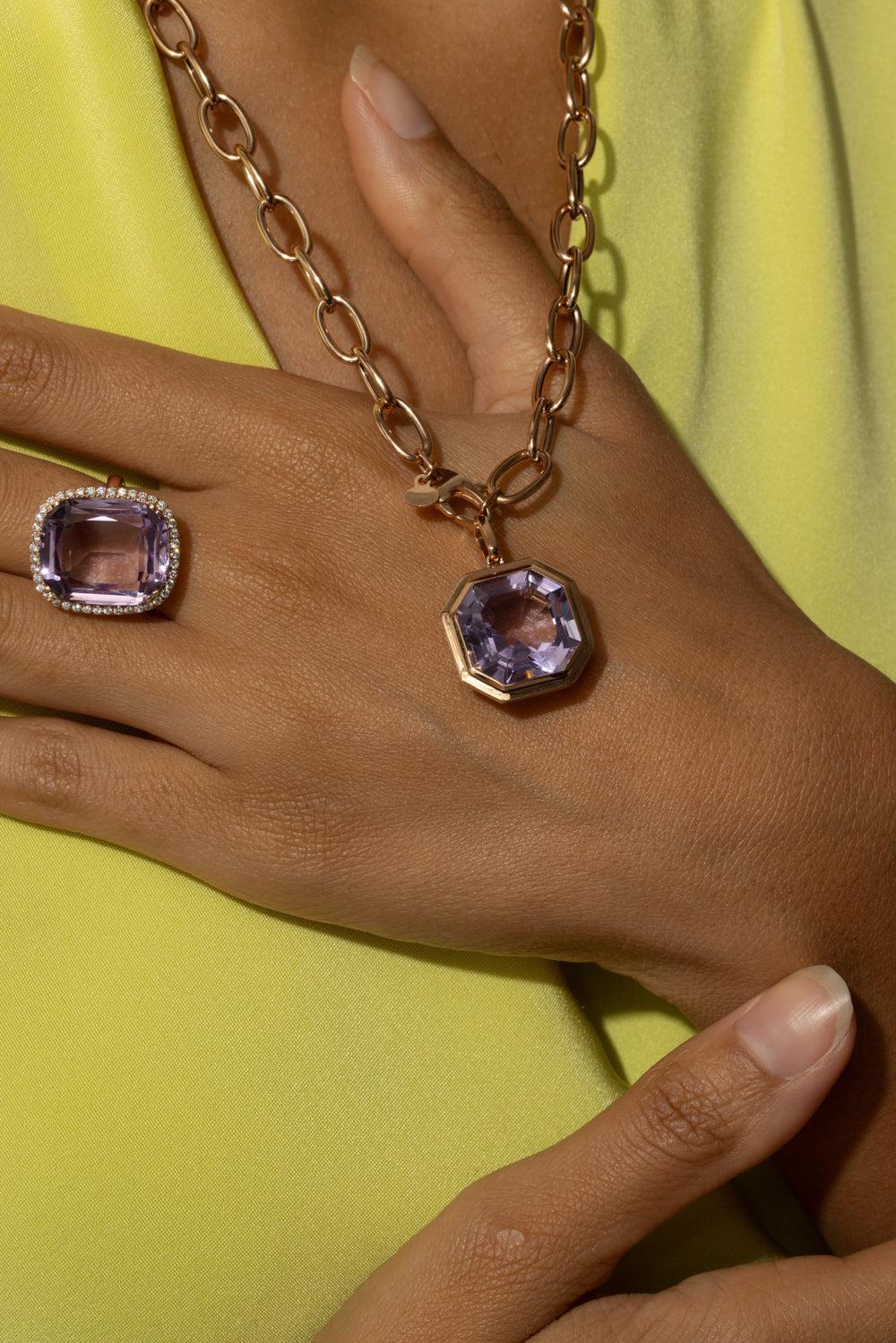 Lavender Amethyst Asscher Cut Manhattan Necklace-YELLOW GOLD-18-JEWELRYFINE JEWELNECKLACE O-GOSHWARA