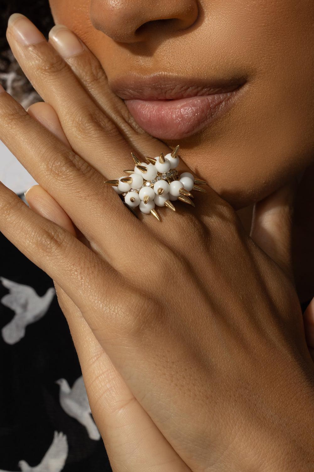 Whte Onyx Spiked Muse Ring-YELLOW GOLD-JEWELRYFINE JEWELRING-ALETTO BROTHERS