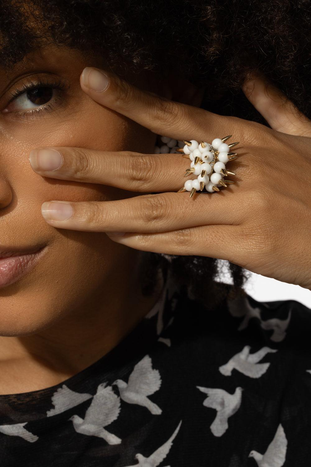 Whte Onyx Spiked Muse Ring-YELLOW GOLD-JEWELRYFINE JEWELRING-ALETTO BROTHERS
