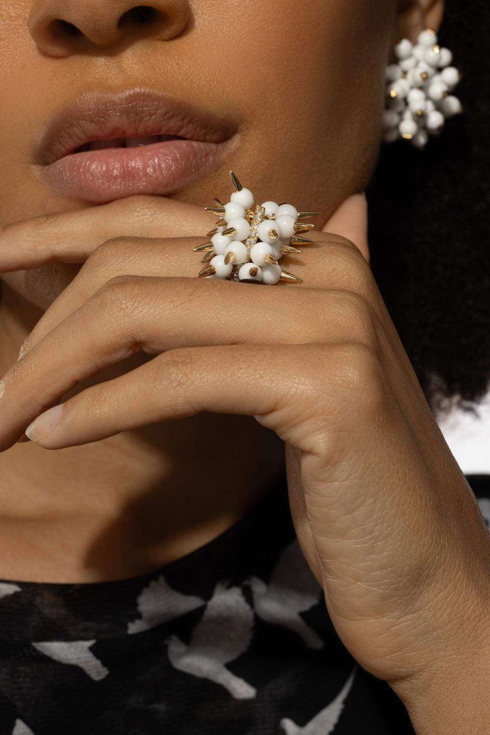 Whte Onyx Spiked Muse Ring-YELLOW GOLD-JEWELRYFINE JEWELRING-ALETTO BROTHERS