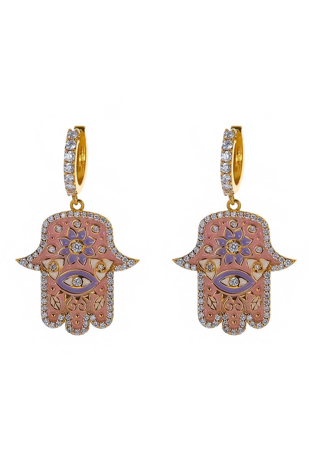 Pink Enamel Hamsa Huggies-YELLOW GOLD-JEWELRYFINE JEWELEARRING-BUDDHA MAMA