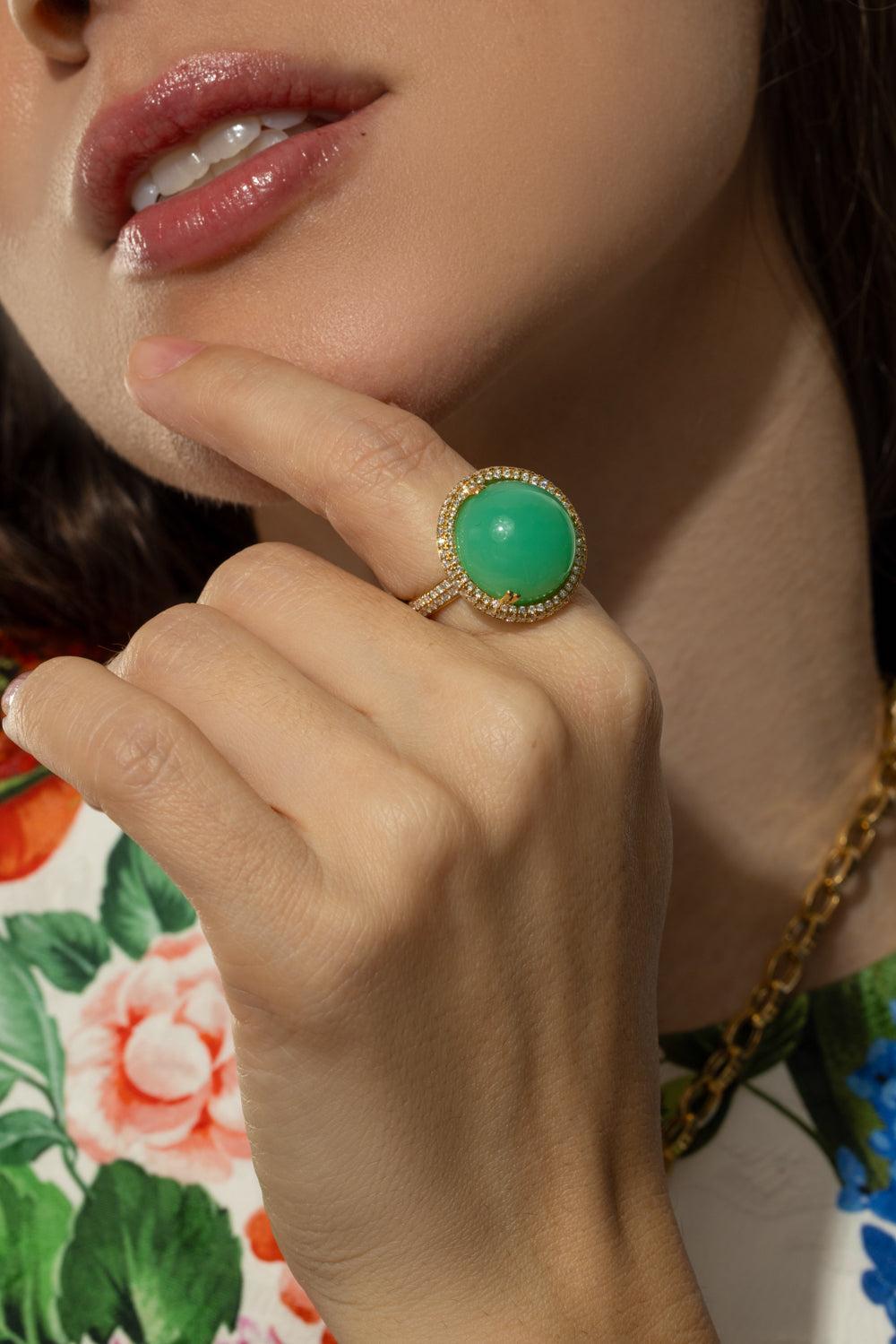 Chrysoprase Round Cut G-One Ring-YELLOW GOLD-6.5-JEWELRYFINE JEWELRING-GOSHWARA
