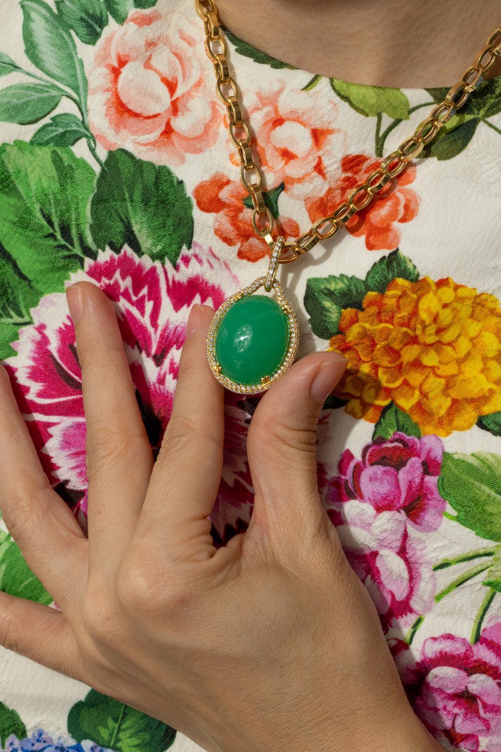 Chrysoprase Diamond Pendant Necklace-YELLOW GOLD-18-JEWELRYFINE JEWELNECKLACE O-GOSHWARA