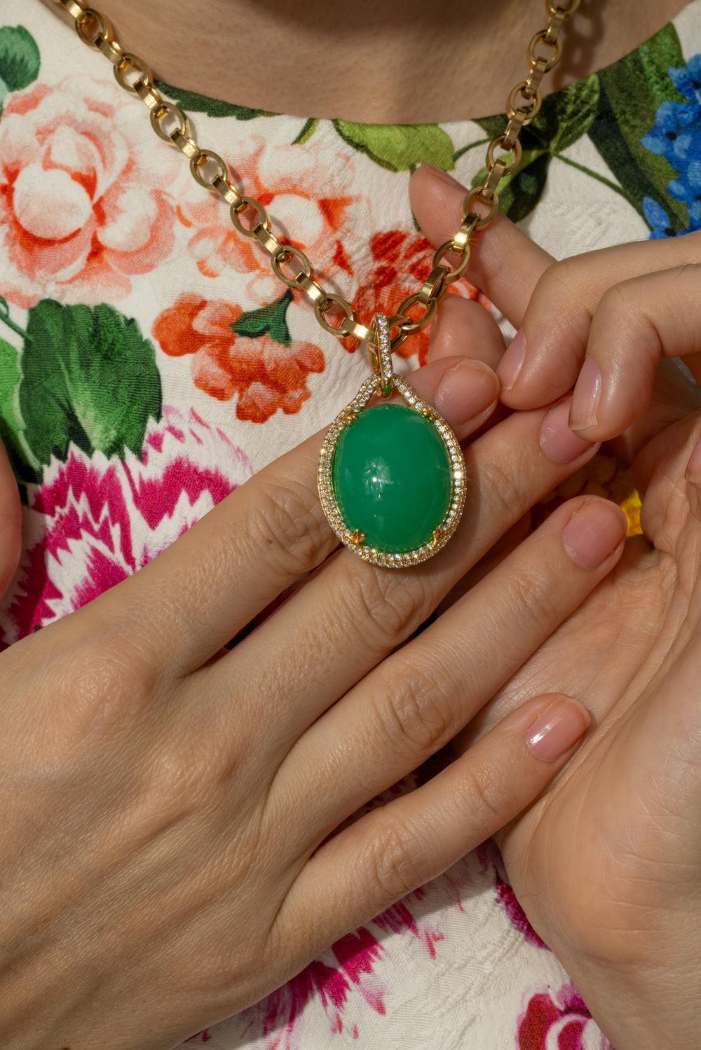 Chrysoprase Diamond Pendant Necklace-YELLOW GOLD-18-JEWELRYFINE JEWELNECKLACE O-GOSHWARA