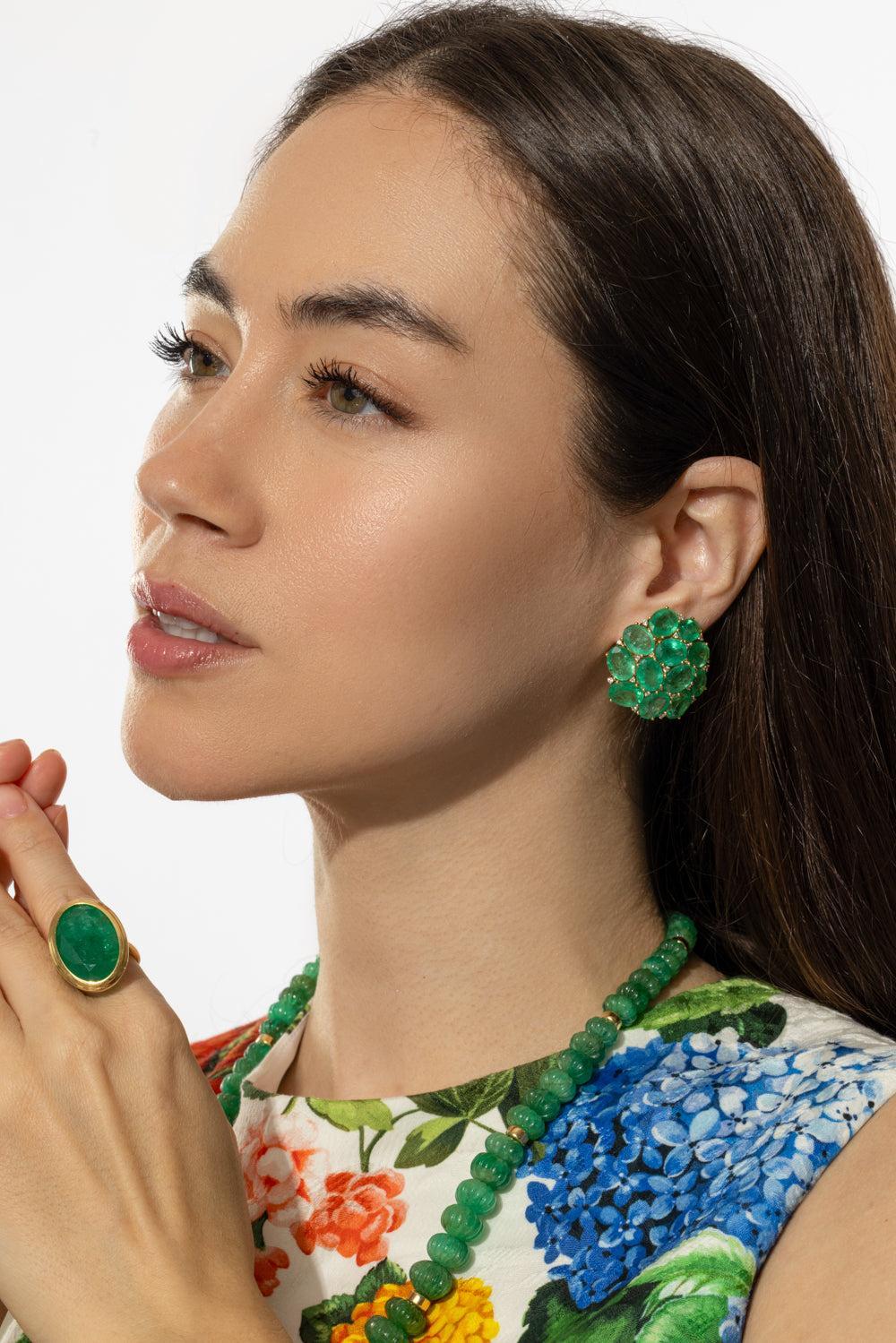 Emerald Cluster Stud Earrings-YELLOW GOLD-JEWELRYFINE JEWELEARRING-GOSHWARA