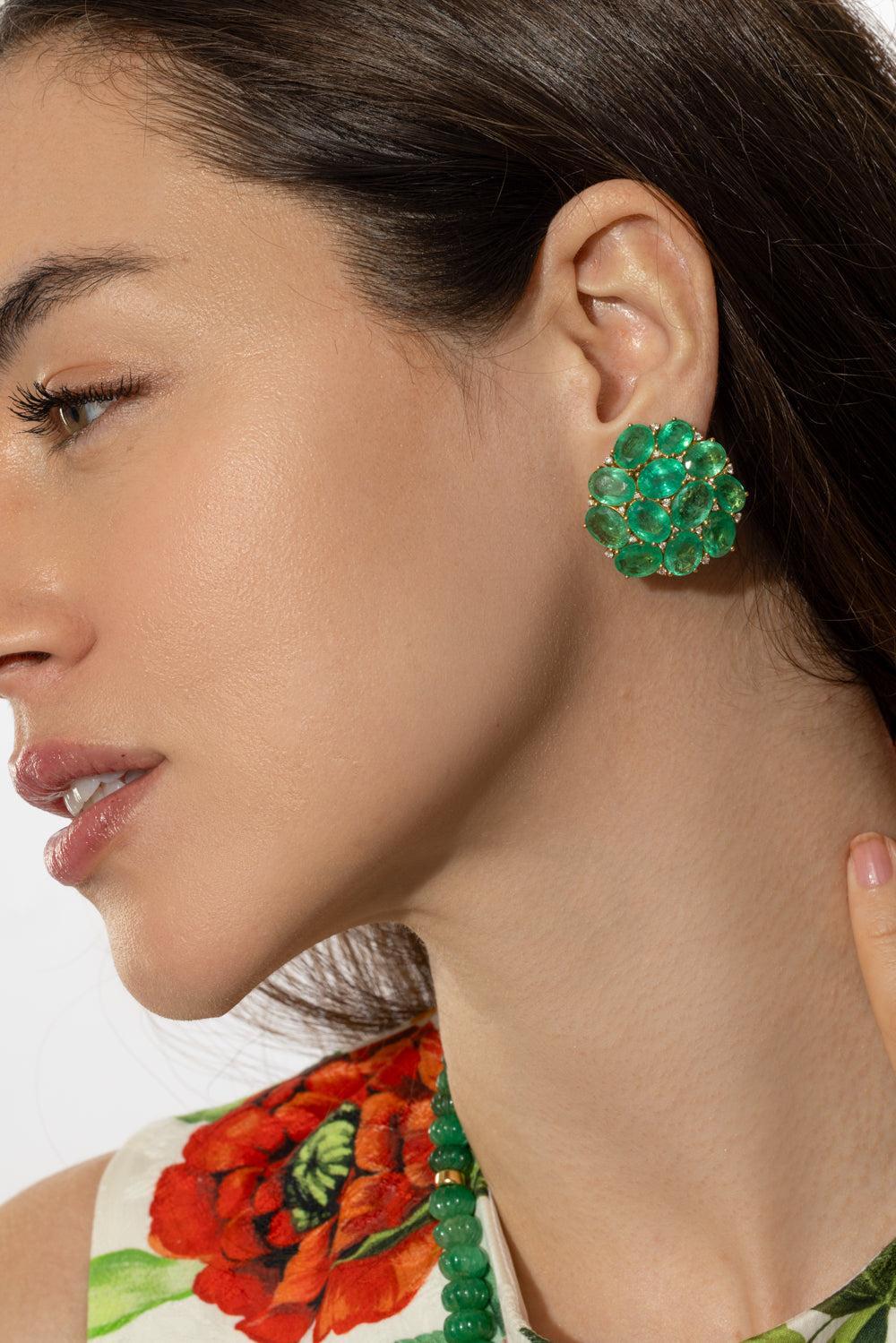 Emerald Cluster Stud Earrings-YELLOW GOLD-JEWELRYFINE JEWELEARRING-GOSHWARA