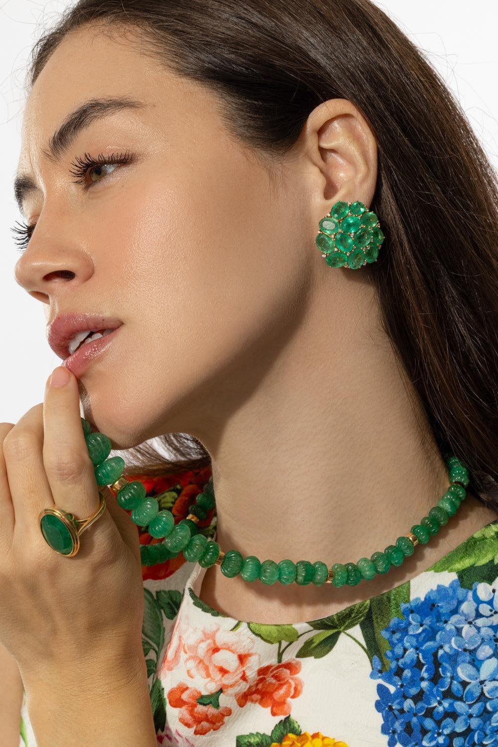 Emerald Cluster Stud Earrings-YELLOW GOLD-JEWELRYFINE JEWELEARRING-GOSHWARA