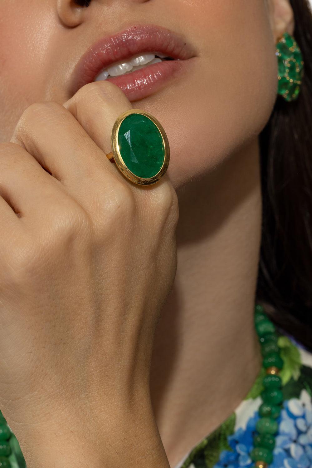 Emerald Oval Cut G-One Ring-YELLOW GOLD-6-JEWELRYFINE JEWELRING-GOSHWARA