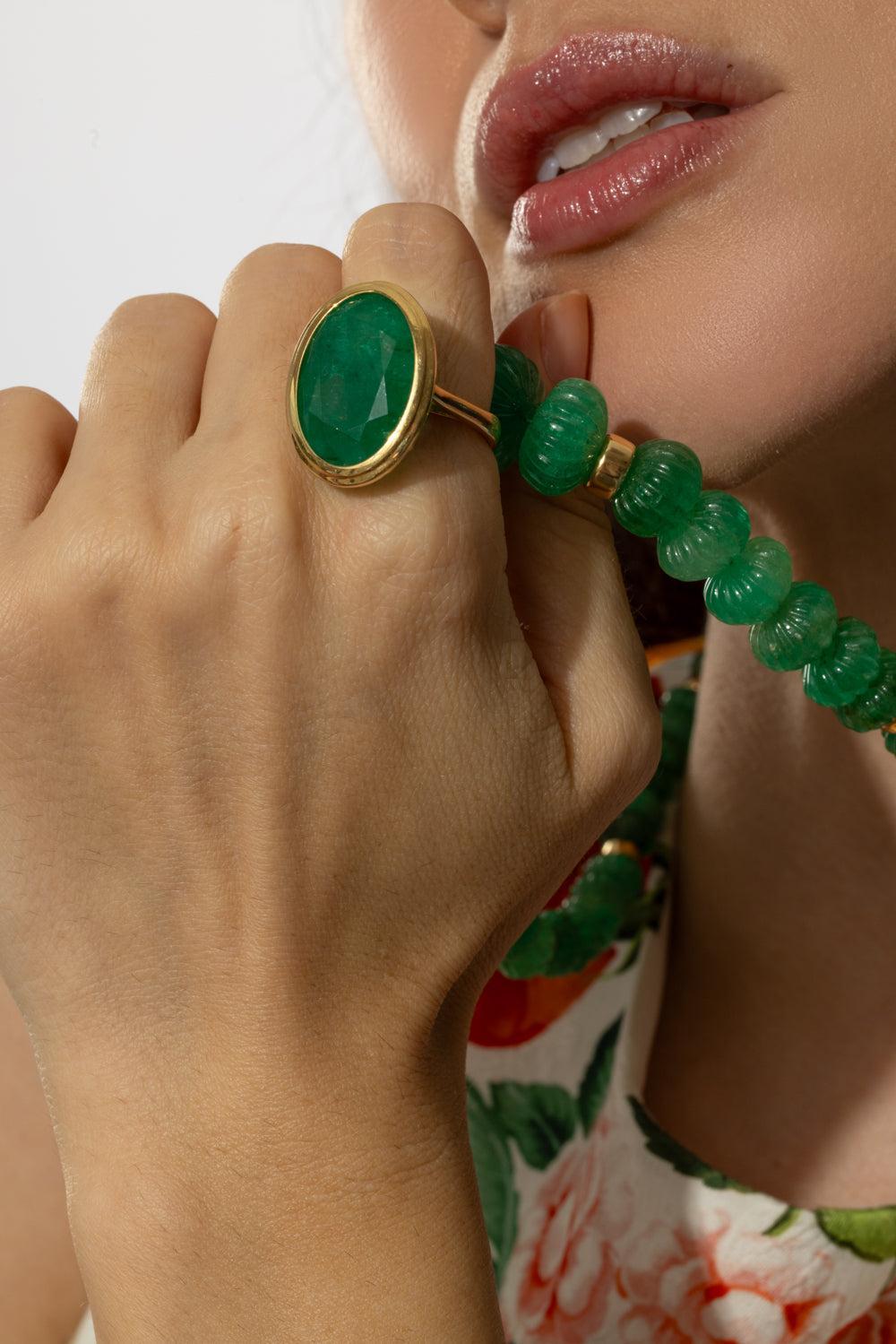 Emerald Oval Cut G-One Ring-YELLOW GOLD-6-JEWELRYFINE JEWELRING-GOSHWARA