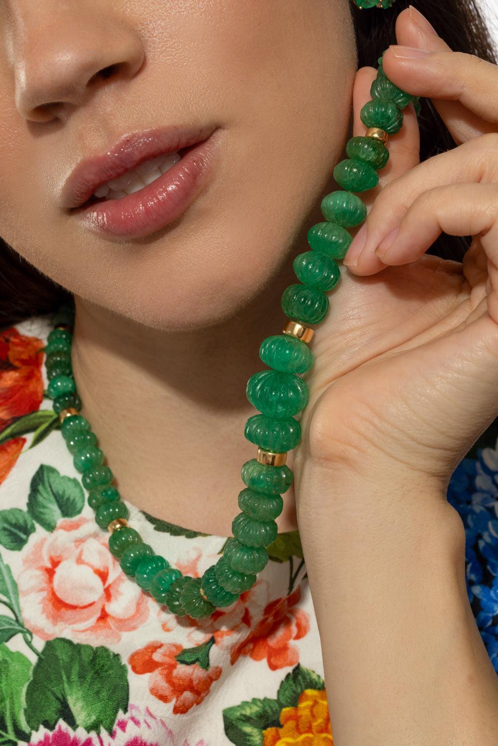 Emerald Fluted Beads G-One Necklace-YELLOW GOLD-22-JEWELRYFINE JEWELNECKLACE O-GOSHWARA