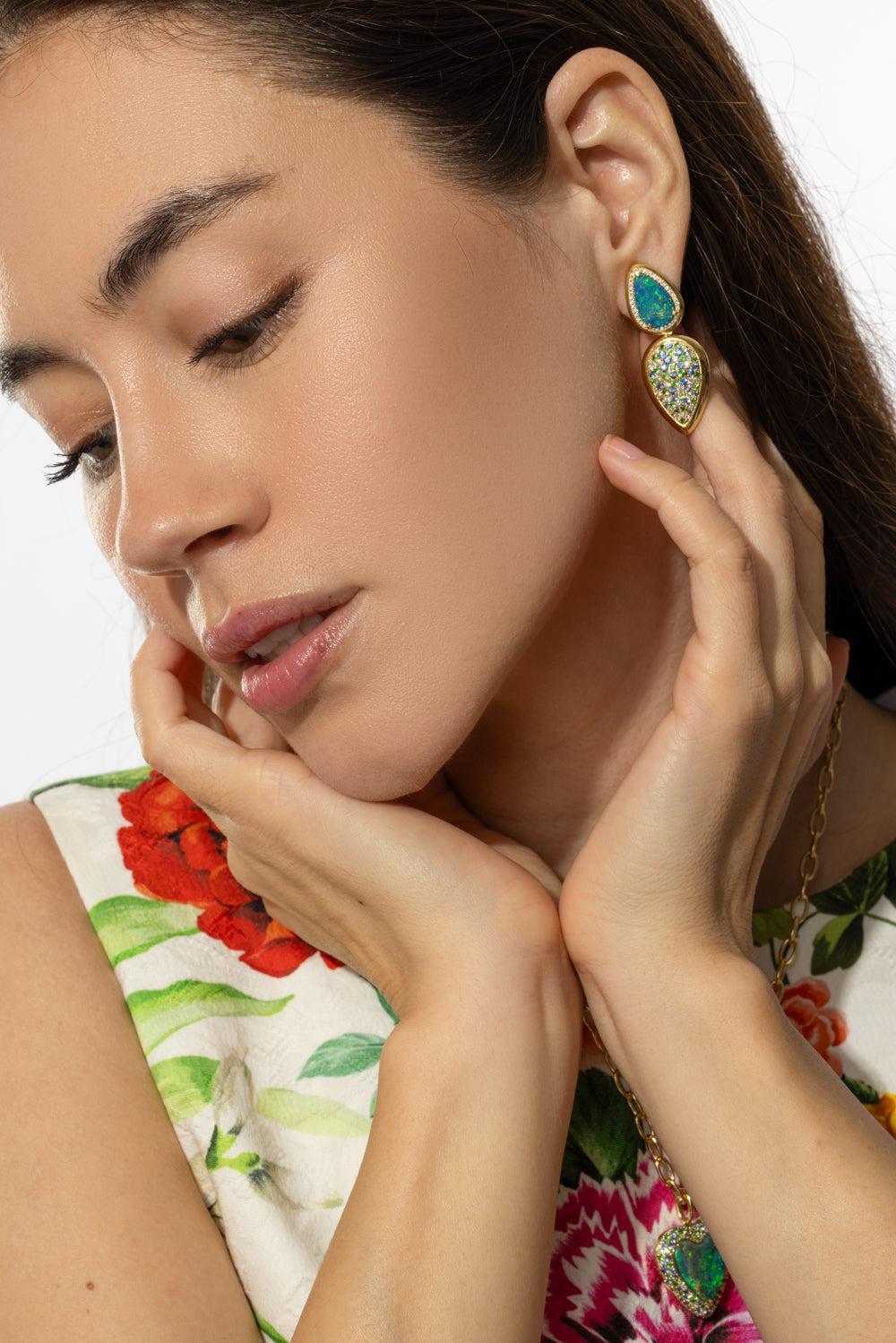 Opal Sapphire G-One Earrings-YELLOW GOLD-JEWELRYFINE JEWELEARRING-GOSHWARA
