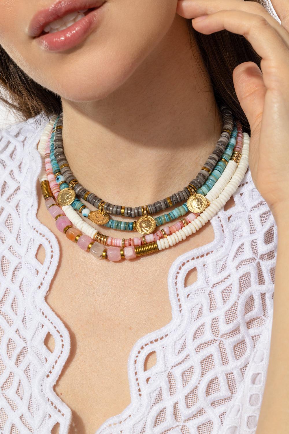 Pink White Shell Rondelle Necklace-PNK/WHT-JEWELRYBOUTIQUENECKLACE O-HIJAS DE PUKA