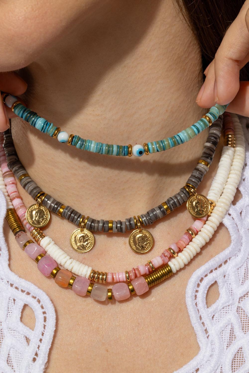 Pink White Shell Rondelle Necklace-PNK/WHT-JEWELRYBOUTIQUENECKLACE O-HIJAS DE PUKA
