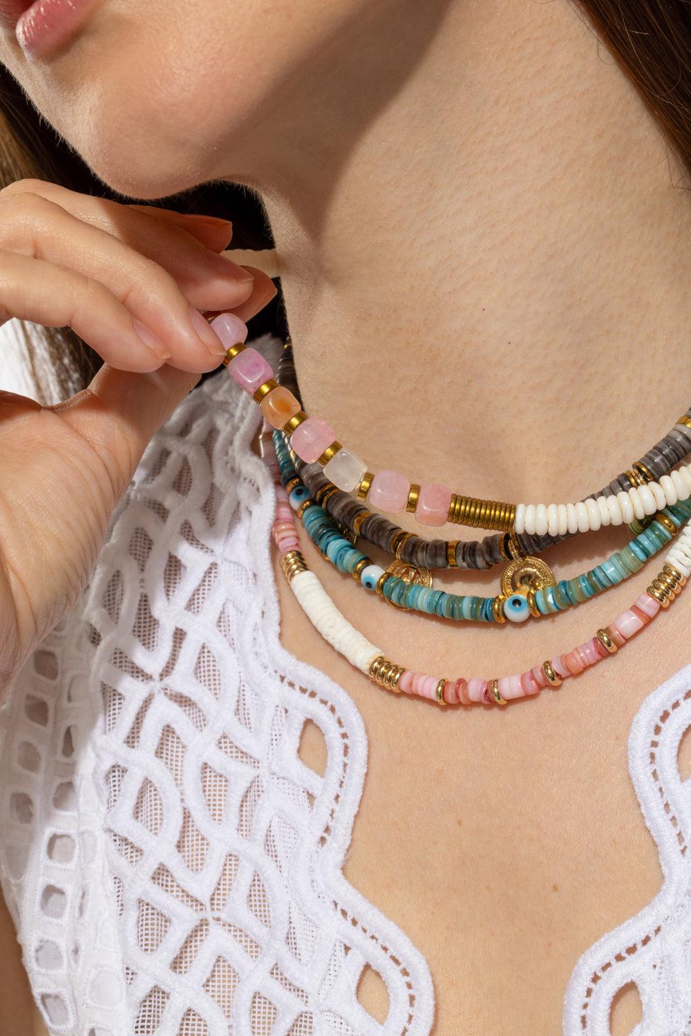 Mar White Shell Agate Hematite Necklace-WHT/PNK-JEWELRYBOUTIQUENECKLACE O-HIJAS DE PUKA