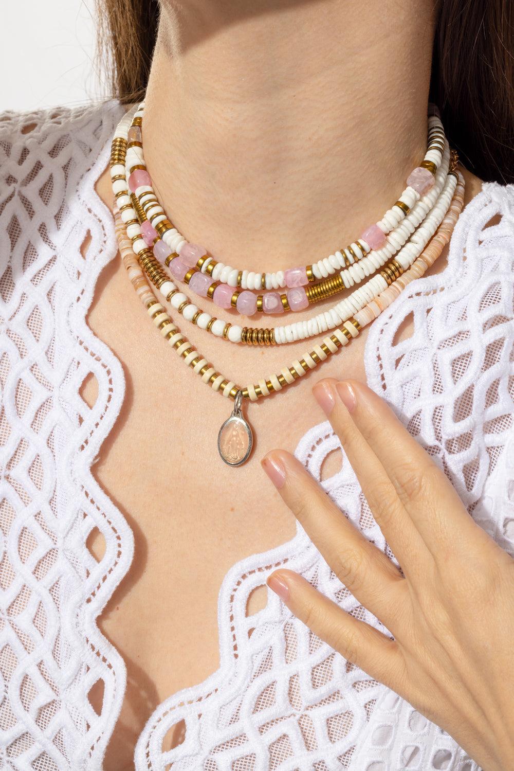Mar White Shell Agate Necklace-WHT/PNK-JEWELRYBOUTIQUENECKLACE O-HIJAS DE PUKA