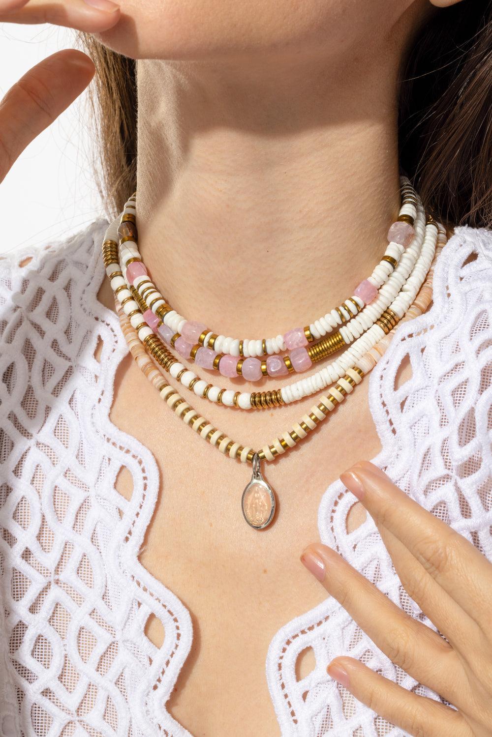 Mar White Shell Agate Necklace-WHT/PNK-JEWELRYBOUTIQUENECKLACE O-HIJAS DE PUKA