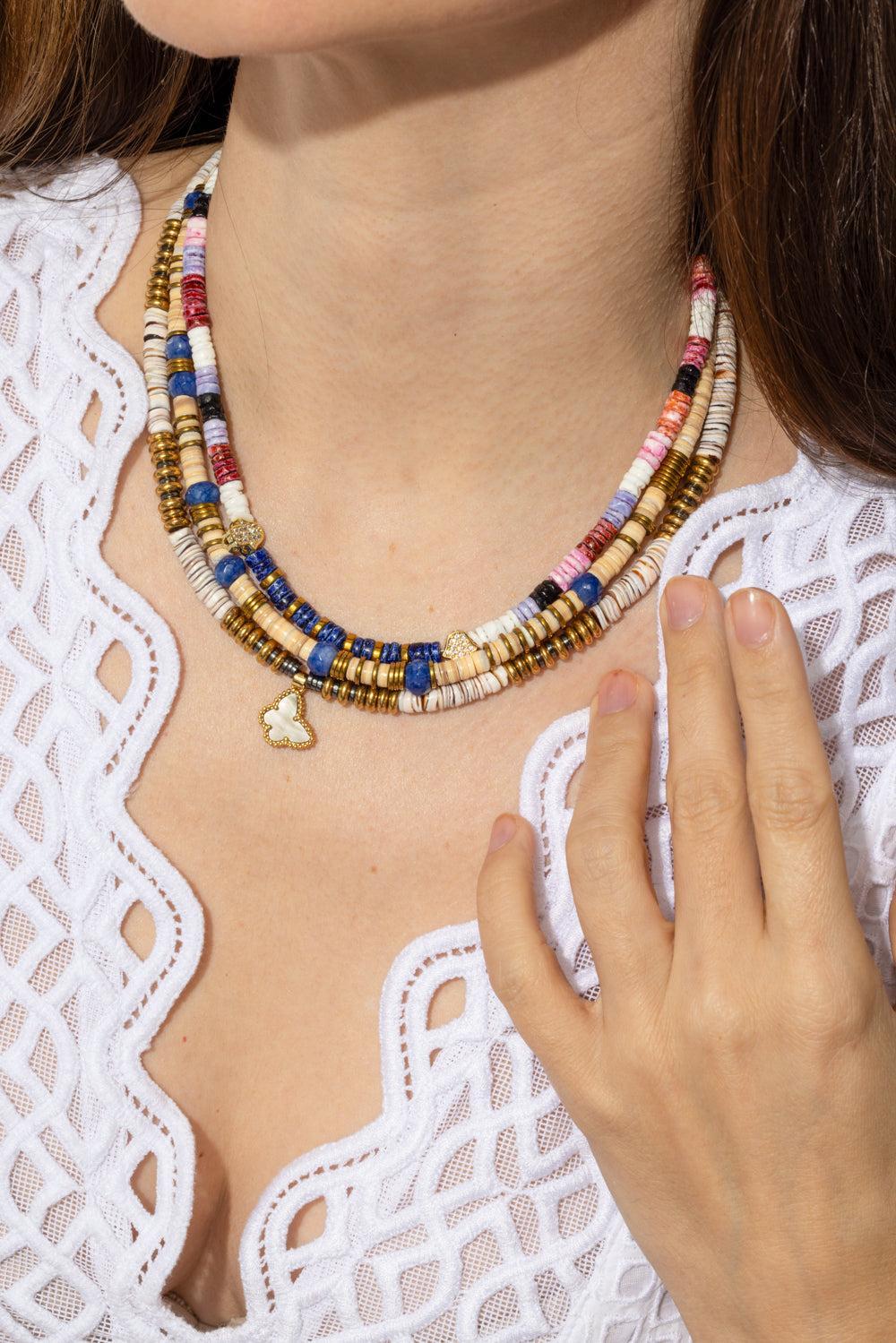 Paulina Dijon Blue Beaded Sea Shell Necklace-BLUE-JEWELRYBOUTIQUENECKLACE O-HIJAS DE PUKA