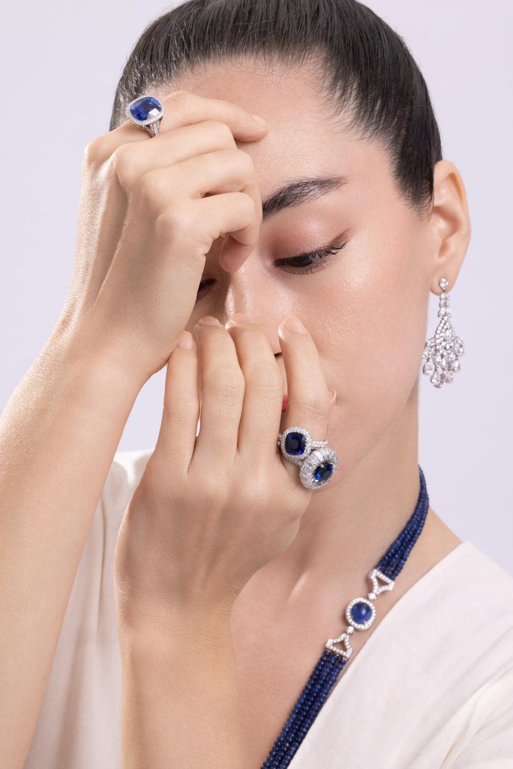 Blue Sapphire Diamond Halo Ring - Platinum-PLATINUM-5.75-JEWELRYFINE JEWELRING-CICADA