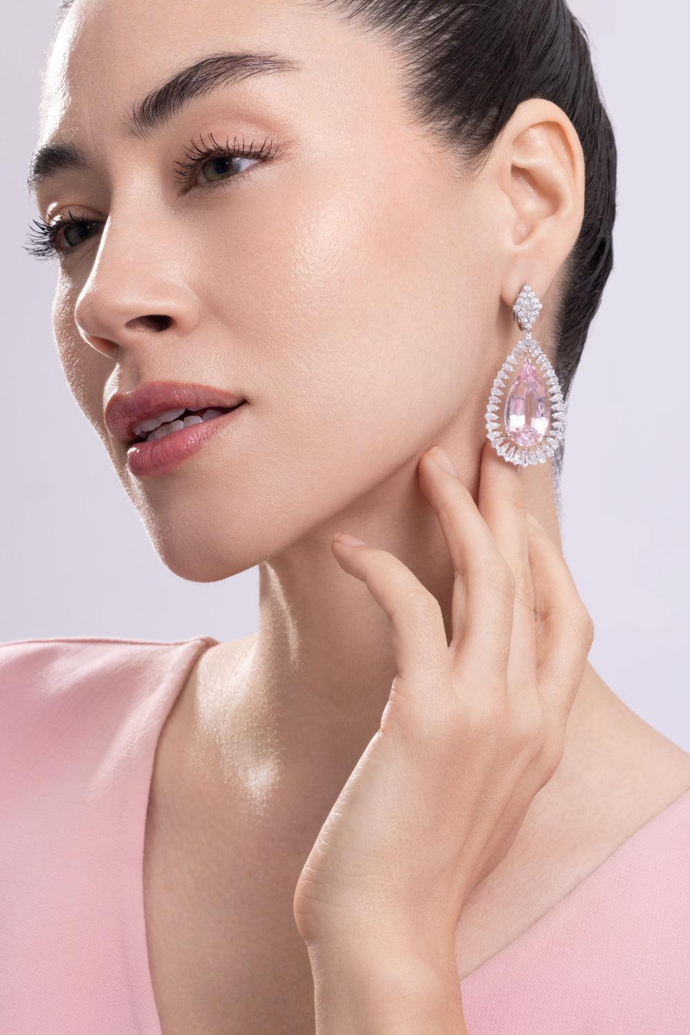 Morganite Diamond Drop Earrings-WHITE GOLD-JEWELRYFINE JEWELEARRING-ARUNASHI
