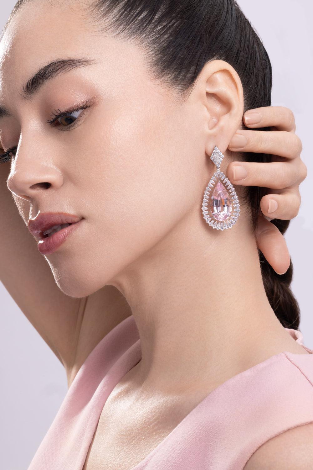 Morganite Diamond Drop Earrings-WHITE GOLD-JEWELRYFINE JEWELEARRING-ARUNASHI