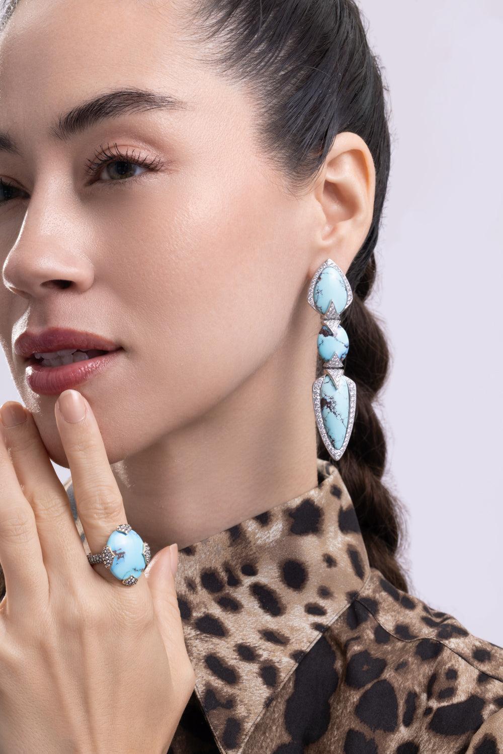 Turquoise Diamond Three Layer Earrings-WHITE GOLD-JEWELRYFINE JEWELEARRING-ARUNASHI